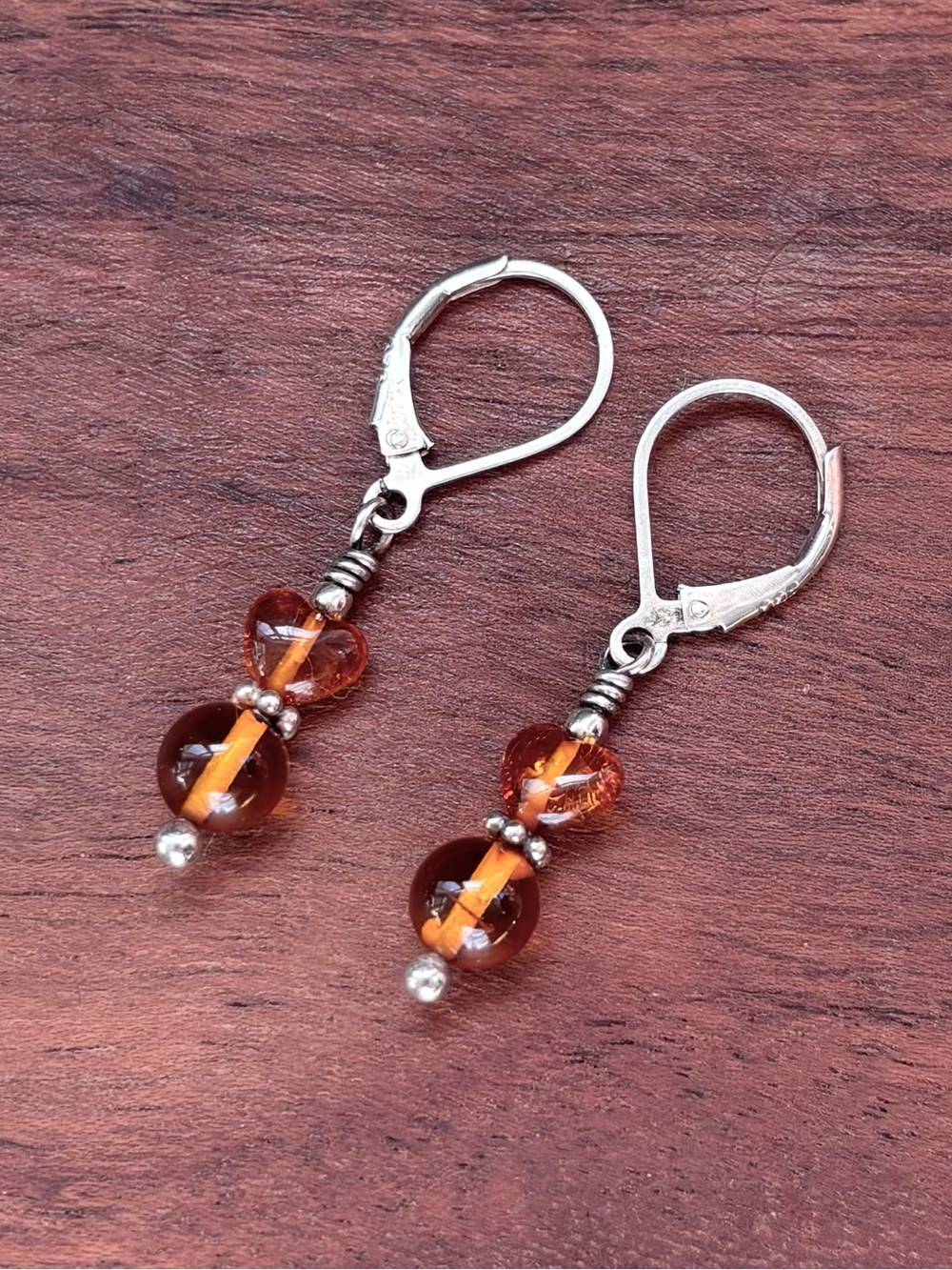 Genuine Baltic Amber Heart Bead Drop Earrings - Sterling Silver Leverback